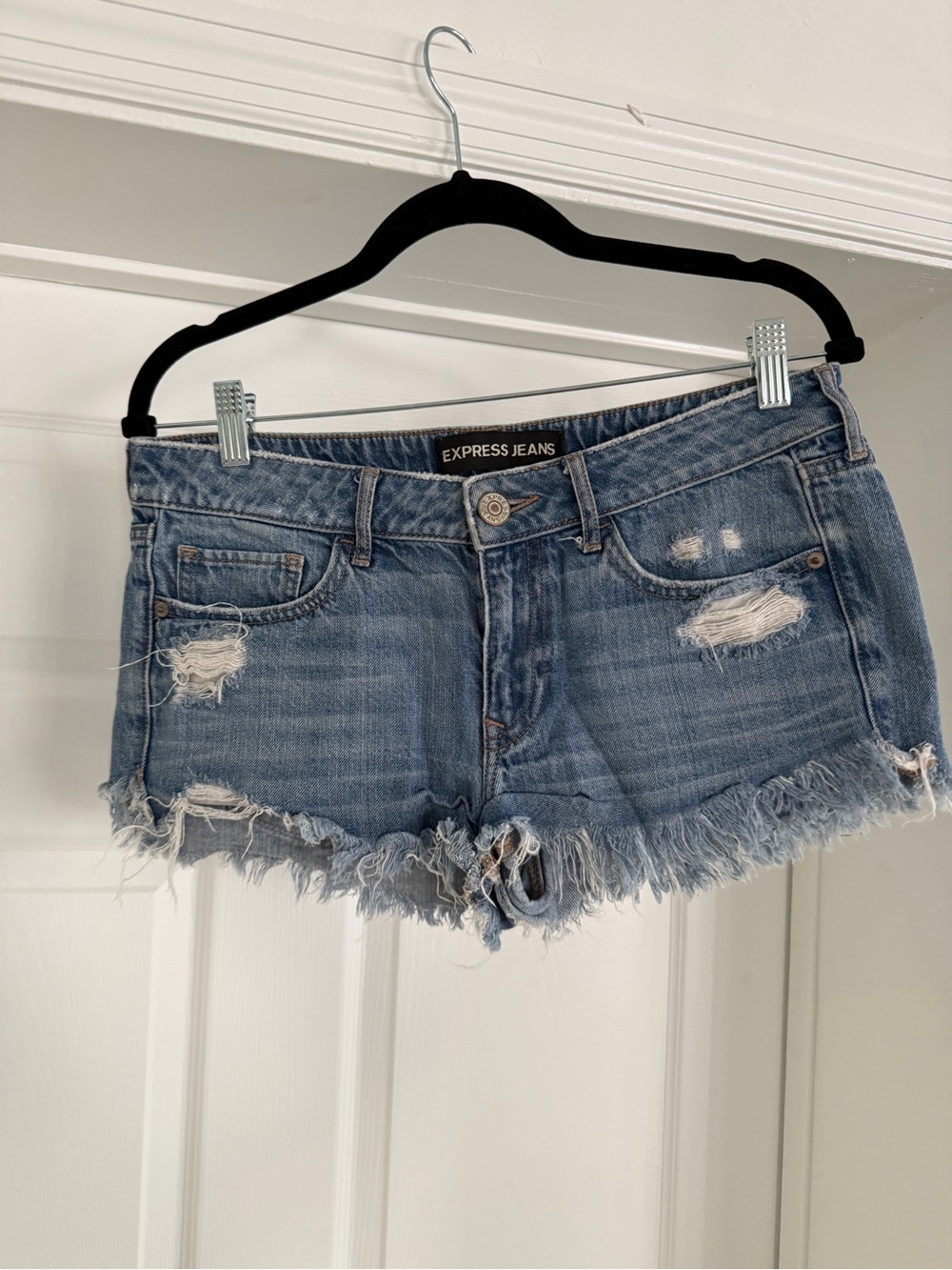 Express Jeans Women's Light Blue Distressed Denim Cutoff Shorts